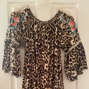 Leopard print with lace detail bell sleeve top